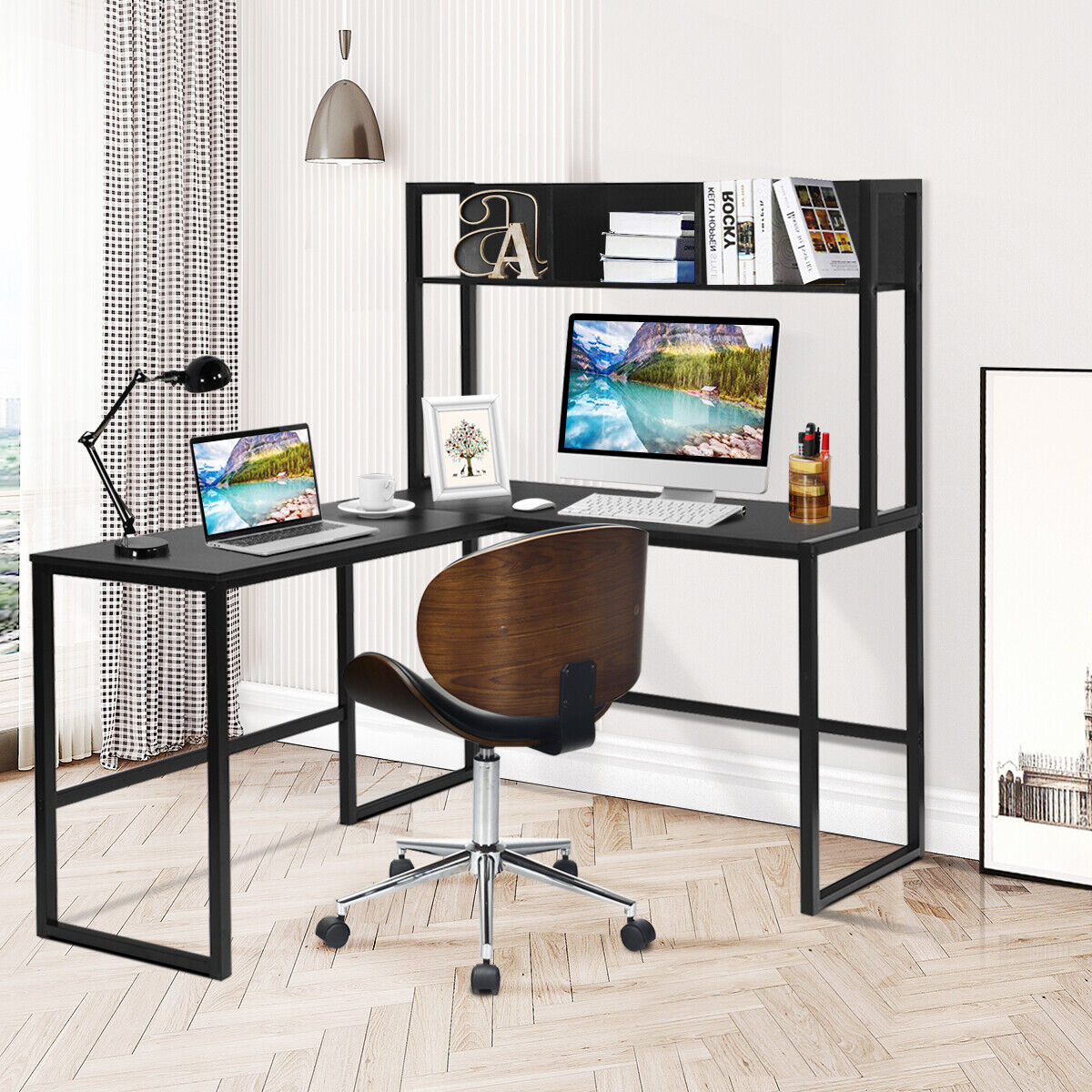 140cm L-Shaped Desk Corner Computer Desk Writing Workstation Table w/Hutch