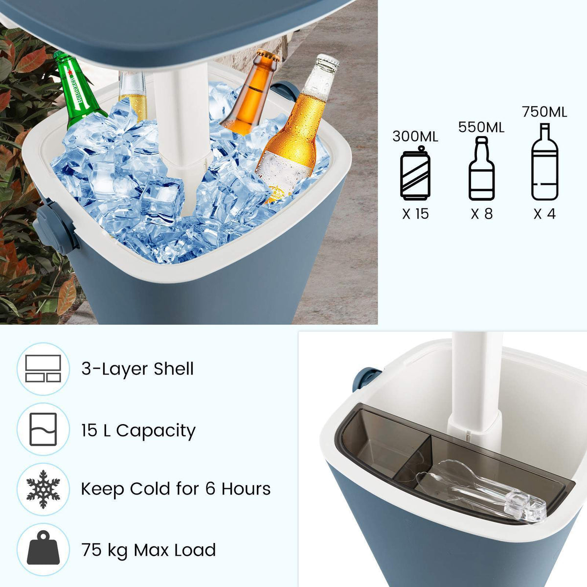 15L Portable Cooler Bar Bucket Table Outdoor Furniture Patio Poolside Storage