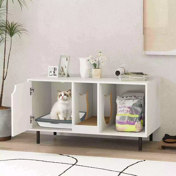 Cat Litter Box Enclosure End Side Table w/ Storage & Removable Scratching Board