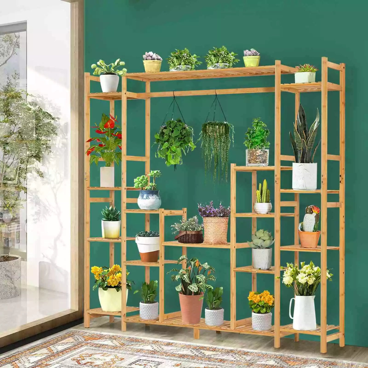 9-Tier Large Plant Shelf Bamboo Crisscross Storage Shelf for Flowers Toys Decor