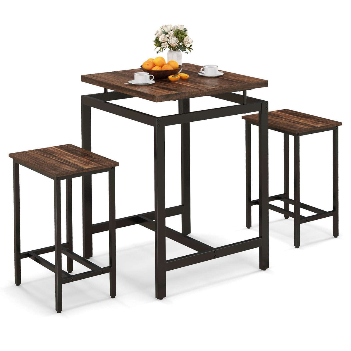 Counter Height Table with 2 Stools Floating Tabletop & Footrest Rustic Brown