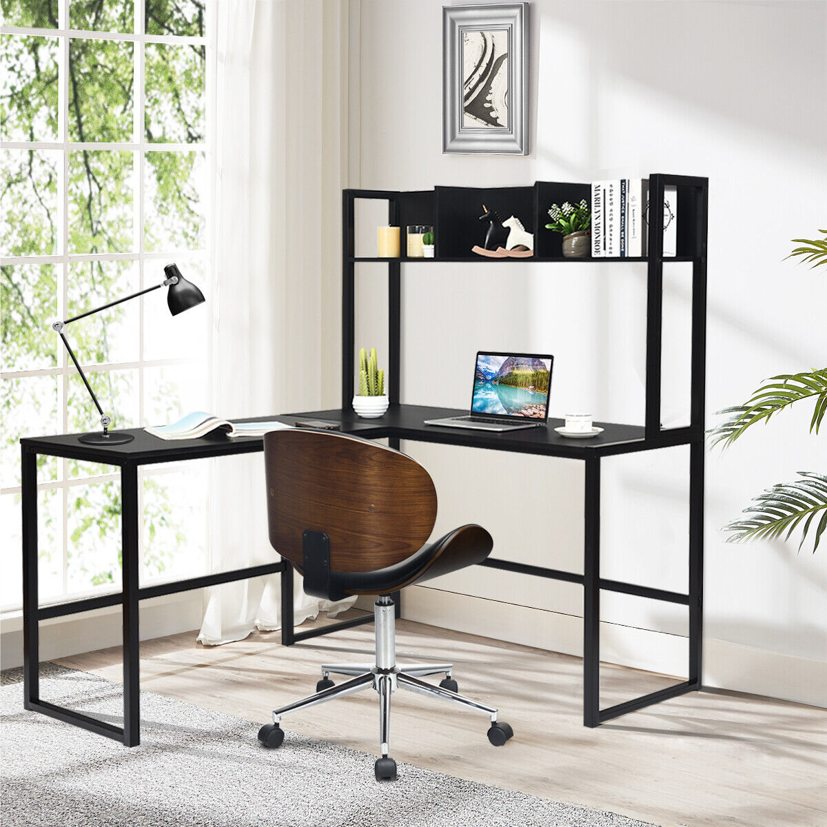 140cm L-Shaped Desk Corner Computer Desk Writing Workstation Table w/Hutch