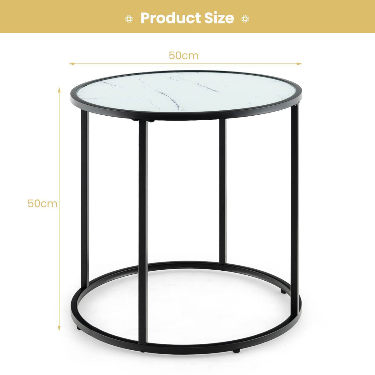 50cm Round Side Table End Table with Faux Marble Glass Top Coffee Accent Table