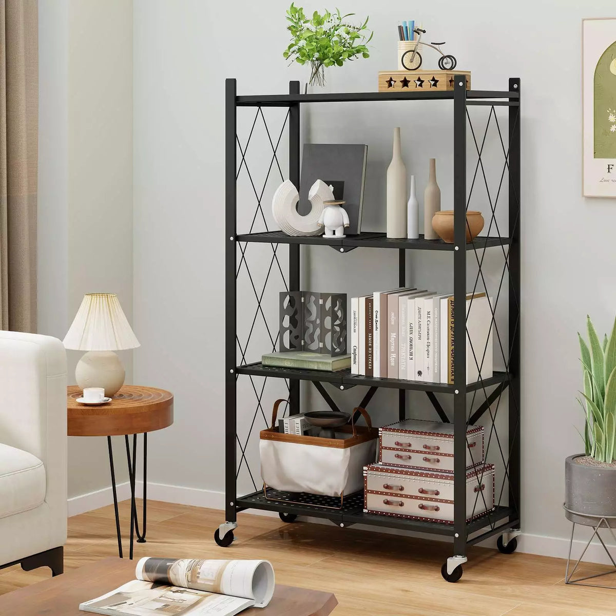 4-Tier Foldable Storage Shelf Collasible Storage Rack w/ Lockable Wheels