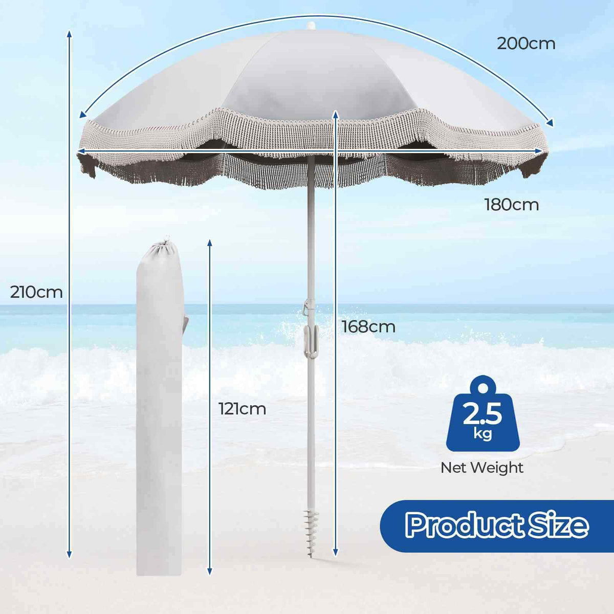 2M Outdoor Tassel Beach Umbrella with Fringe, Vintage Heavy Duty, Pool/Deck/Yard