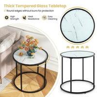 50cm Round Side Table End Table with Faux Marble Glass Top Coffee Accent Table