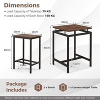 Counter Height Table with 2 Stools Floating Tabletop & Footrest Rustic Brown