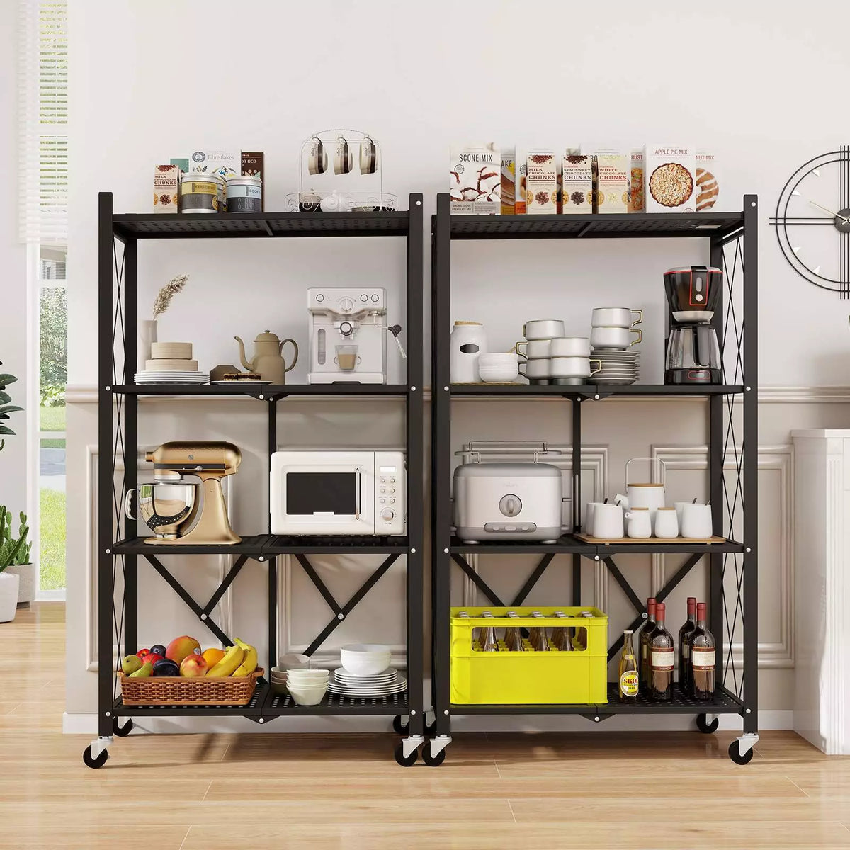 Lockable Rack Shelf 4-Tier Foldable Storage Shelf Collasible Storage Rack w/ Lockable Whee ...
