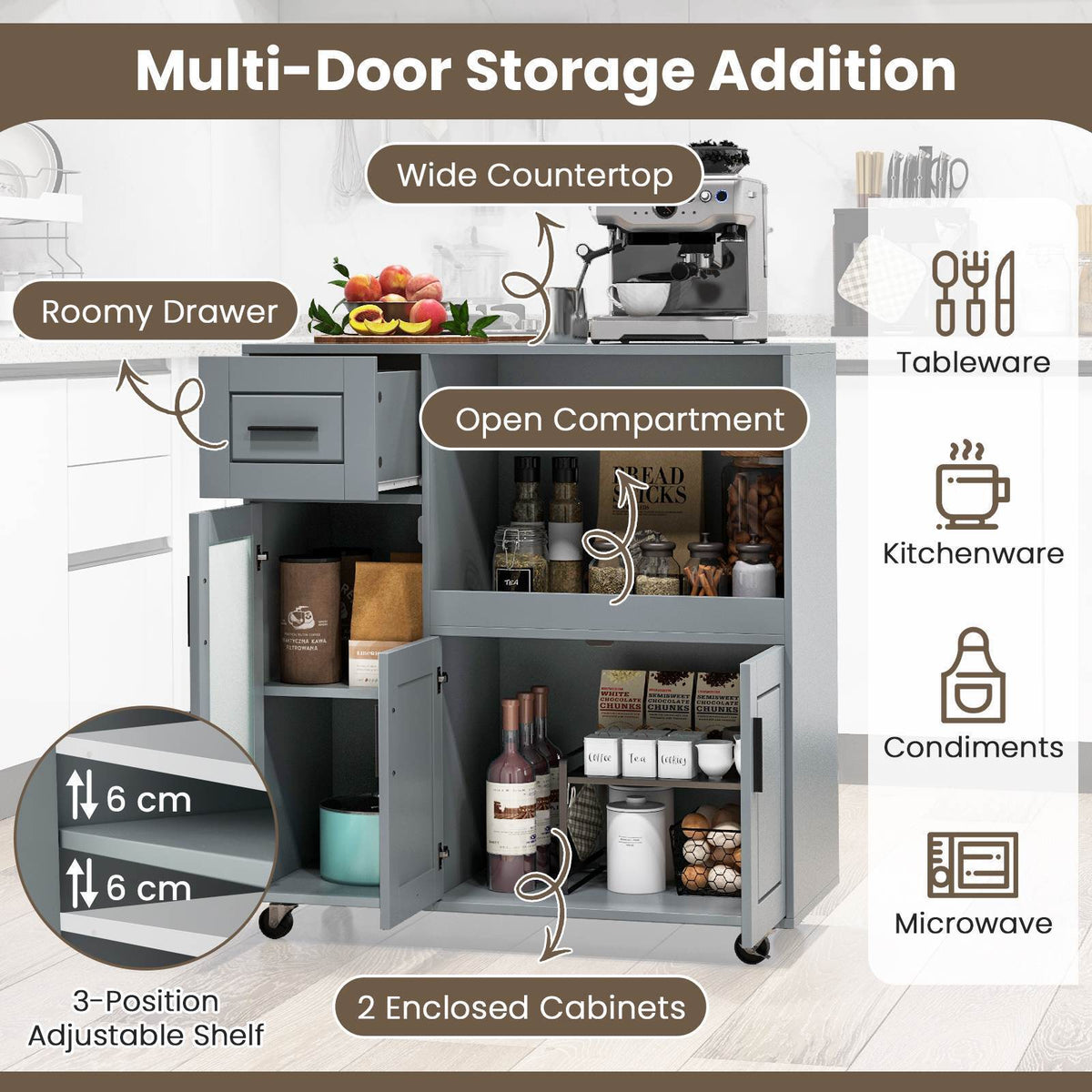 Rolling Kitchen Island w/Wheels Moible Cart Drawer & Glass Door Cabinet