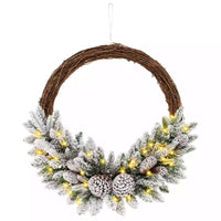 Pre-lit Snowy Christmas Wreath Natural Rattan with 35 LED Lights & 8 Pine Cones