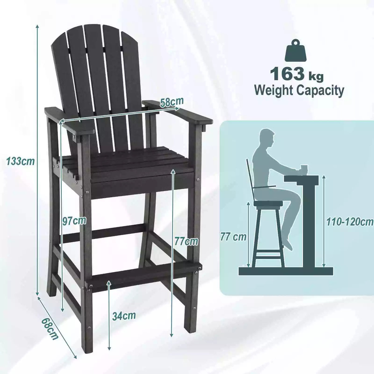 Outdoor Tall Adirondack Chair 77cm Seat Height HDPE Bar Height Bar Stool Balcony