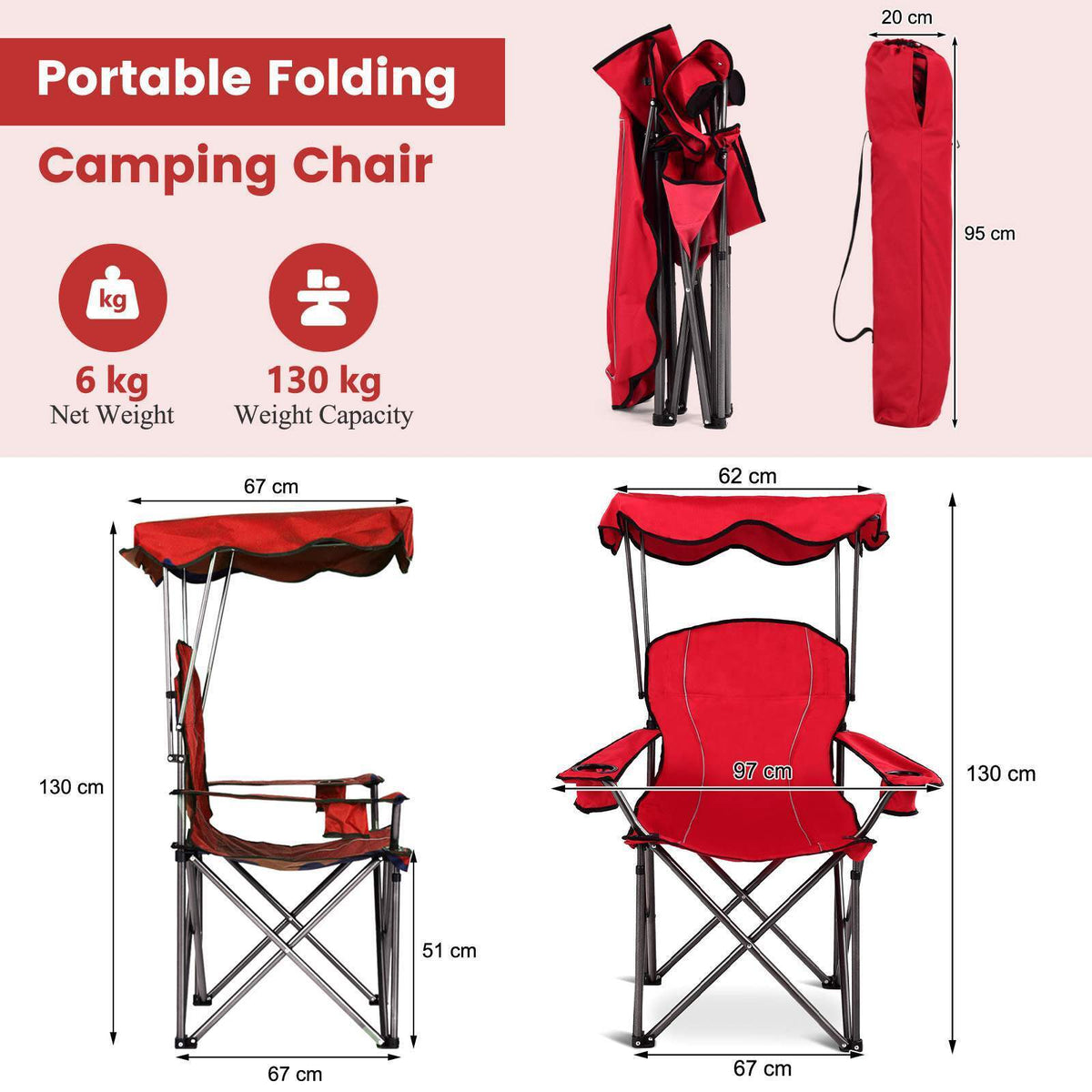 Camping Beach Chair Foldable Canopy Chair w/Sun Shade Outdoor Fishing Picnic