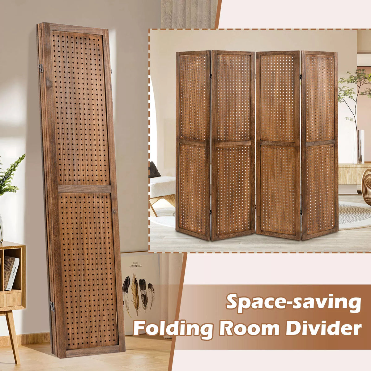 4/6 Panels Pegboard Display 170cm Folding Room Divider Privacy Screen Brown