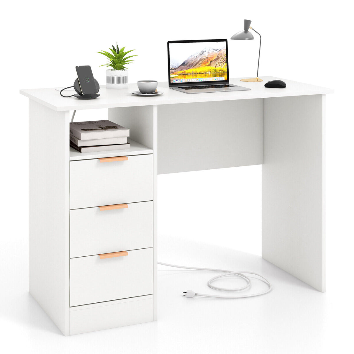 108cm Computer Desk Writing Workstation Home Office w/ Drawer Power Outlet White