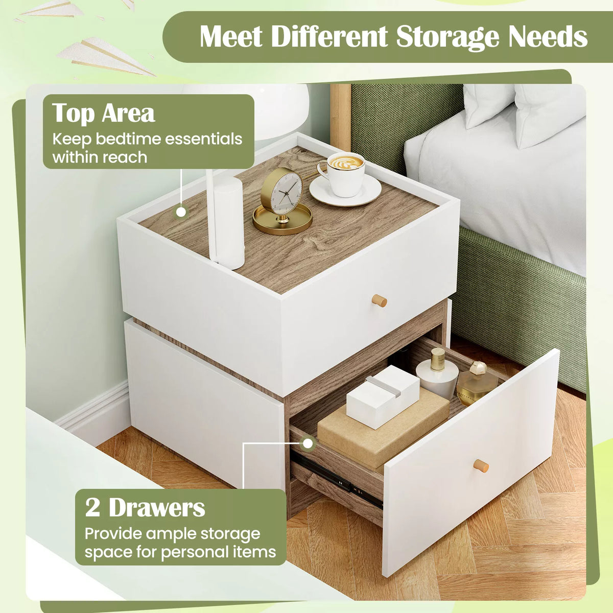 2-Drawer Nightstand Bedside Table Modern End Table Side Table Bedroom White