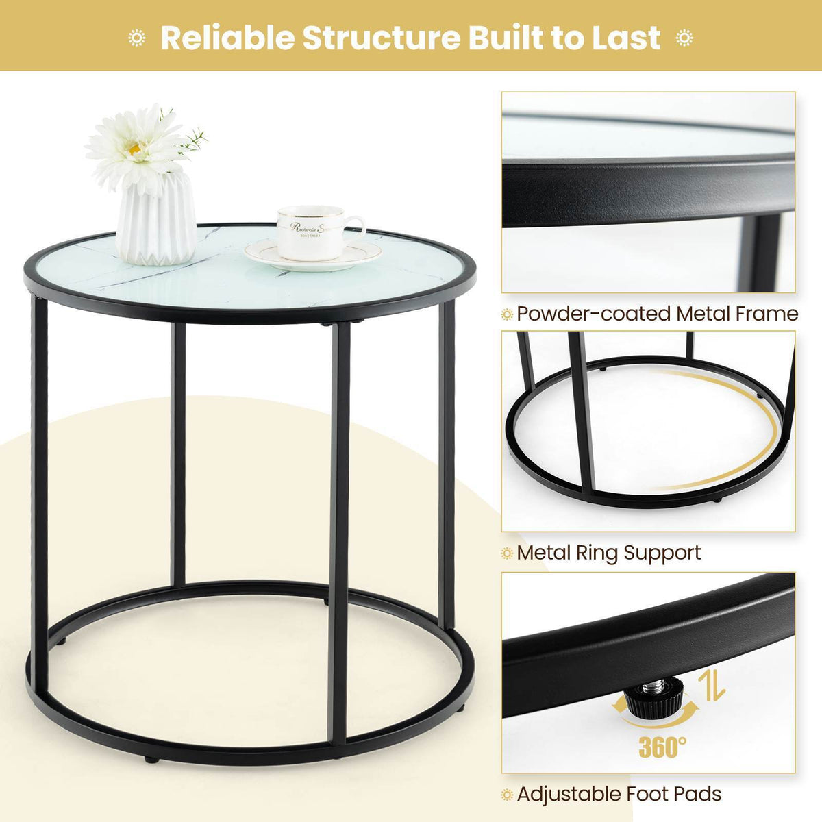 50cm Round Side Table End Table with Faux Marble Glass Top Coffee Accent Table