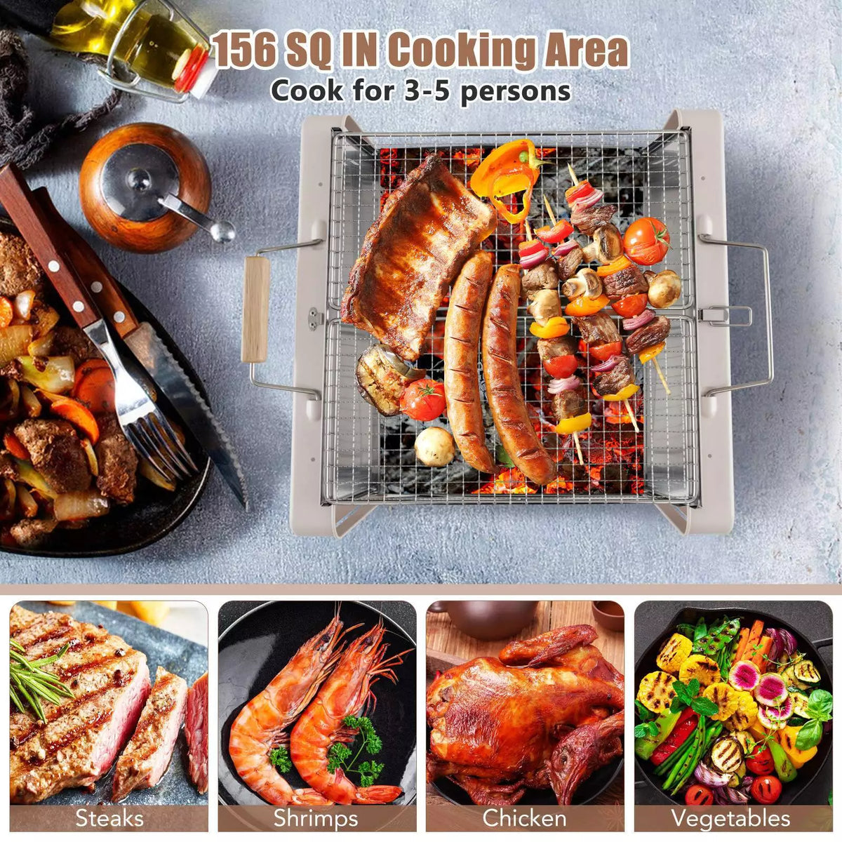 Portable Charcoal Grill with Foldable Body & Charcoal Box for Outdoor Cooking