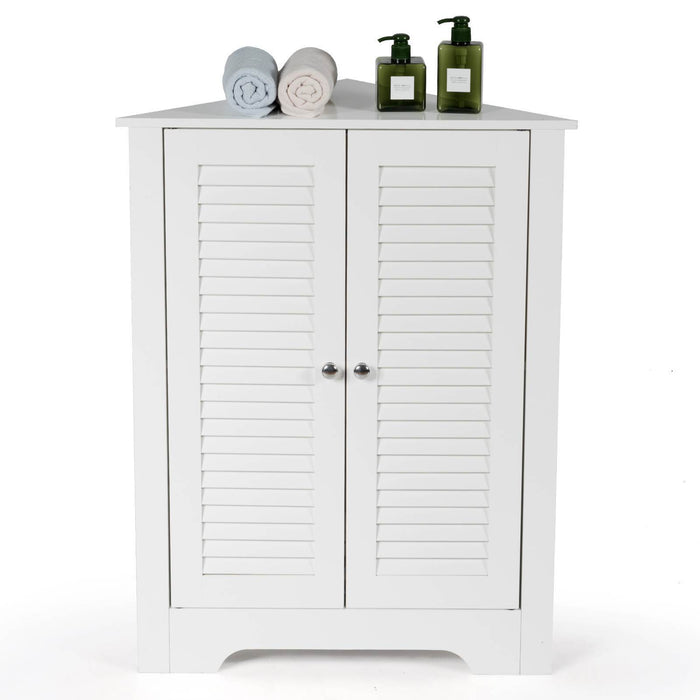 3-Tier Corner Floor Storage Cabinet Organizer w/ 2 Shutter Doors Bathroom White