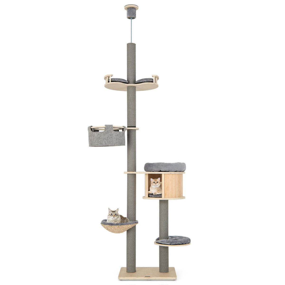 6-tier Floor-to-Ceiling Cat Tree, 255-280cm Adjustable Height w/Scratching Posts