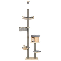 6-tier Floor-to-Ceiling Cat Tree, 255-280cm Adjustable Height w/Scratching Posts