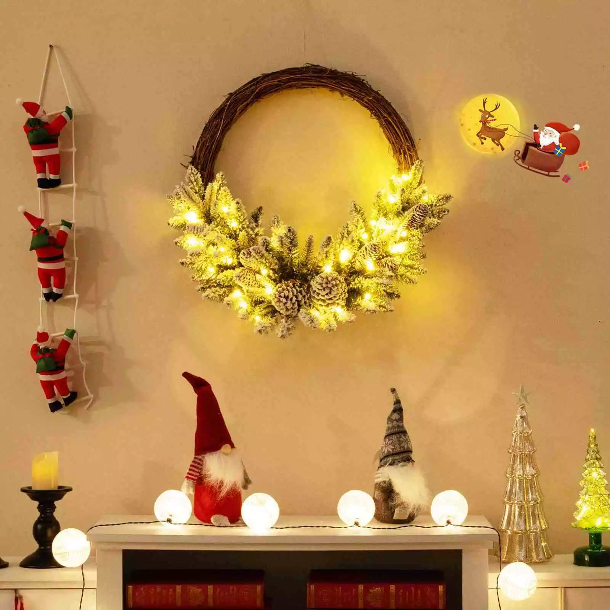 Pre-lit Snowy Christmas Wreath Natural Rattan with 35 LED Lights & 8 Pine Cones