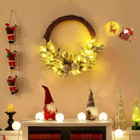 Pre-lit Snowy Christmas Wreath Natural Rattan with 35 LED Lights & 8 Pine Cones