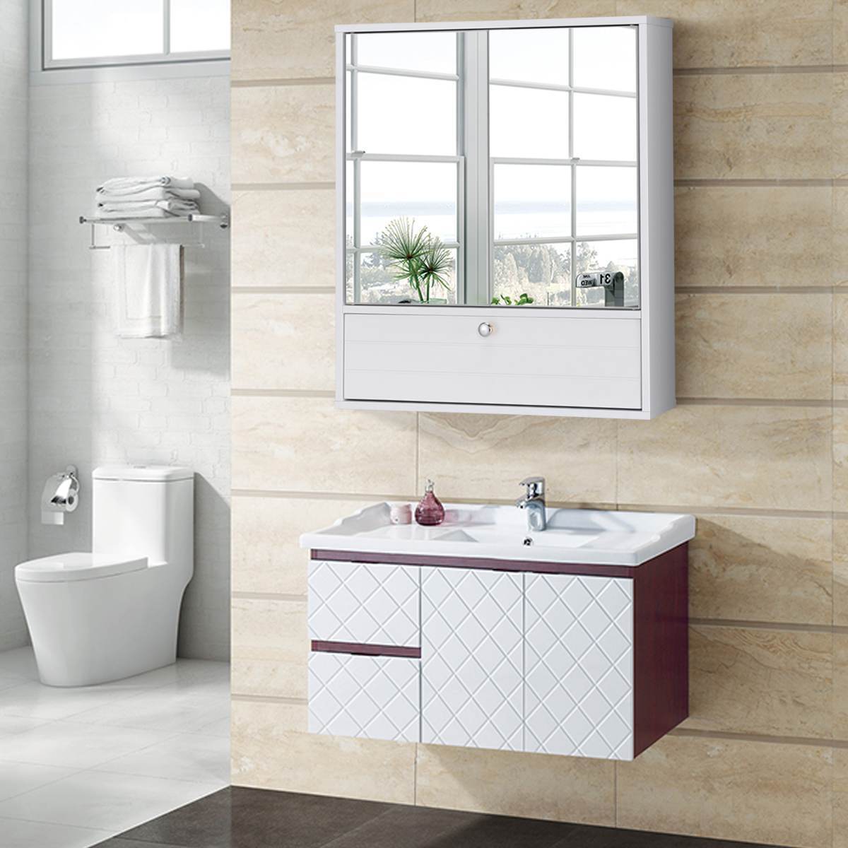 Wall-Mounted Bathroom Medicine Storage Cabinet w/Mirror Adjustable Shelf White