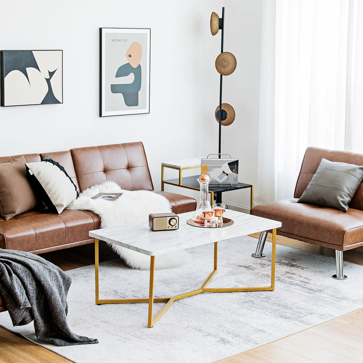 Modern Coffee Table w/ Faux Marble Tabletop & Golden Y-shaped Legs Foot Pads