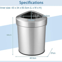 60L Corner Stainless Steel Trash Bin Rubbish Bin Stay Open Garbage Trash Can