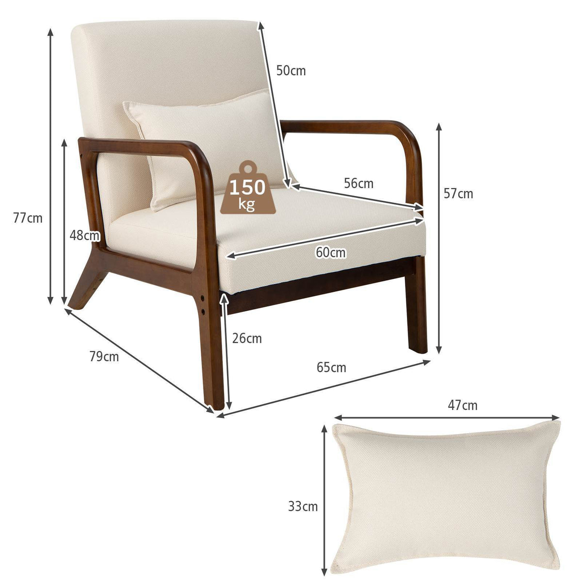 Accent Chair Leisure Chair with Rubber Wood Frame Lumbar Pillow Armchair Beige