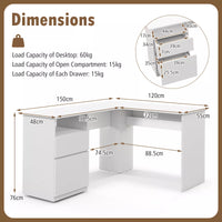 150 cm L-Shaped Computer Desk Corner Study Writing Desk w/ Letter File Drawer