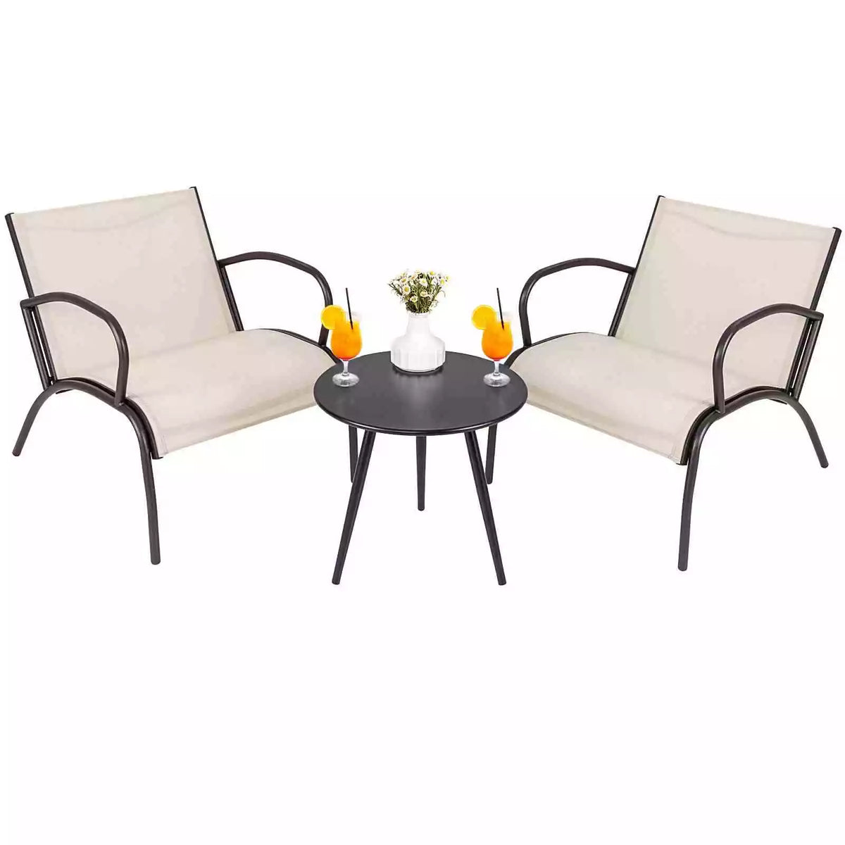 3 Piece Patio Bistro Set Aluminum Outdoor Furniture w/ Curved Fabric Seat Porch