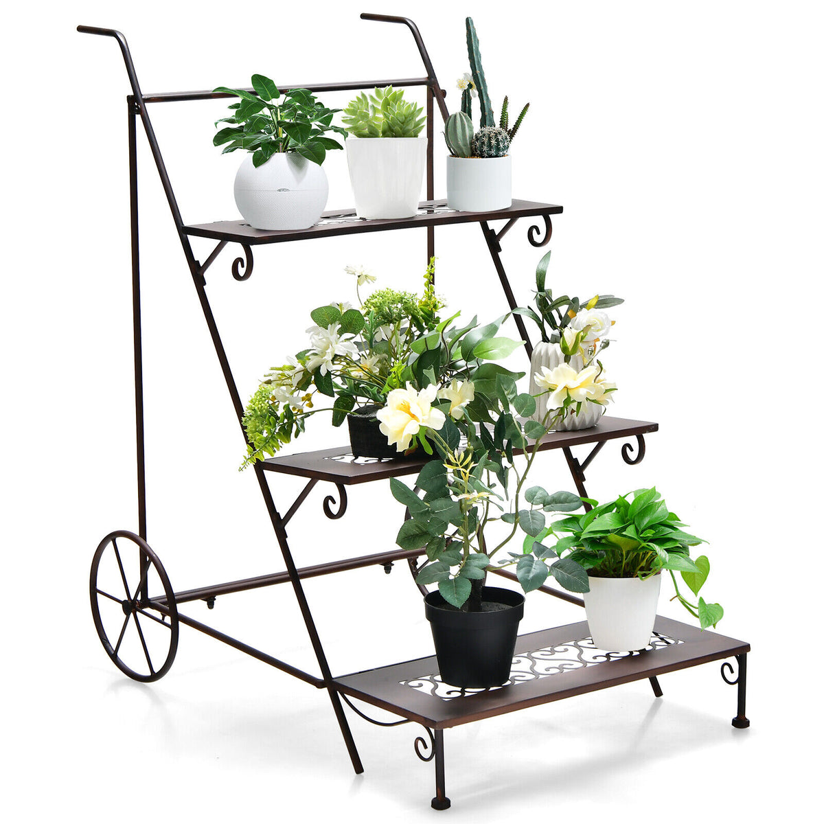 3-Tier Metal Plant Stand Ladder Shaped Flower Pot Holder Storage Rack w/Wheels