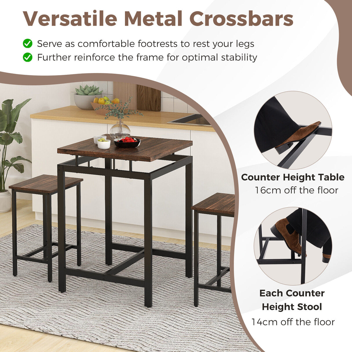 Counter Height Table with 2 Stools Floating Tabletop & Footrest Rustic Brown