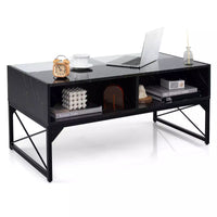 High-gloss LED Coffee Table Center Table w/ Faux Marble & Tempered Glass Top