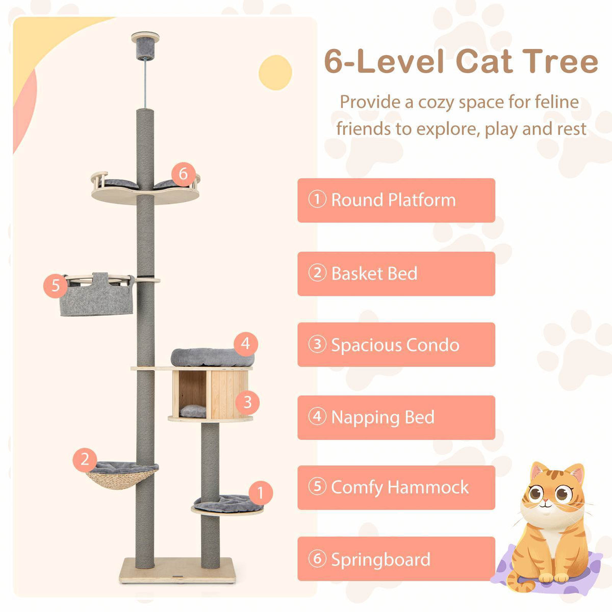 6-tier Floor-to-Ceiling Cat Tree, 255-280cm Adjustable Height w/Scratching Posts