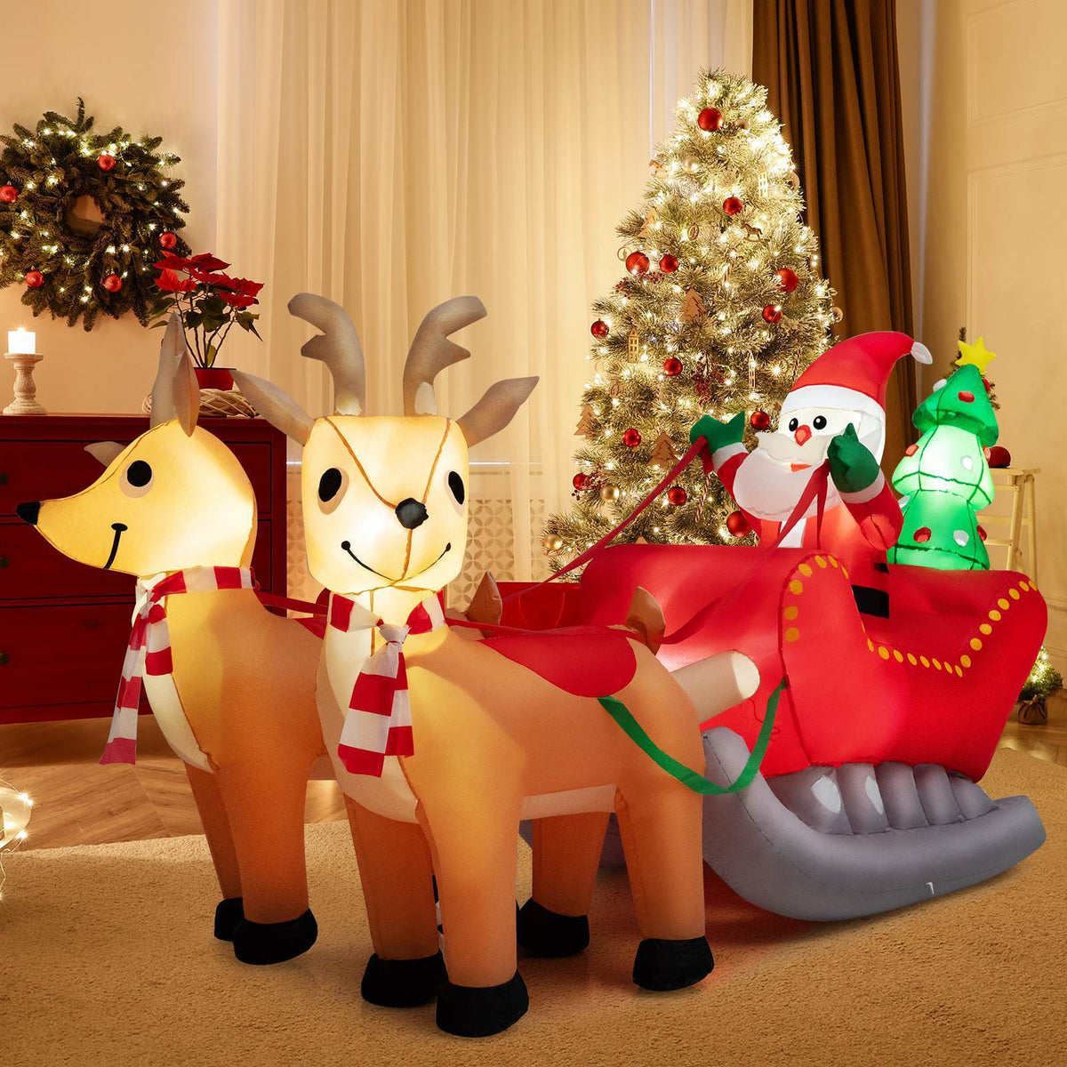 Christmas Inflatable Santa Claus Sleigh &Reindeer w/LED & Christmas Tree Outdoor