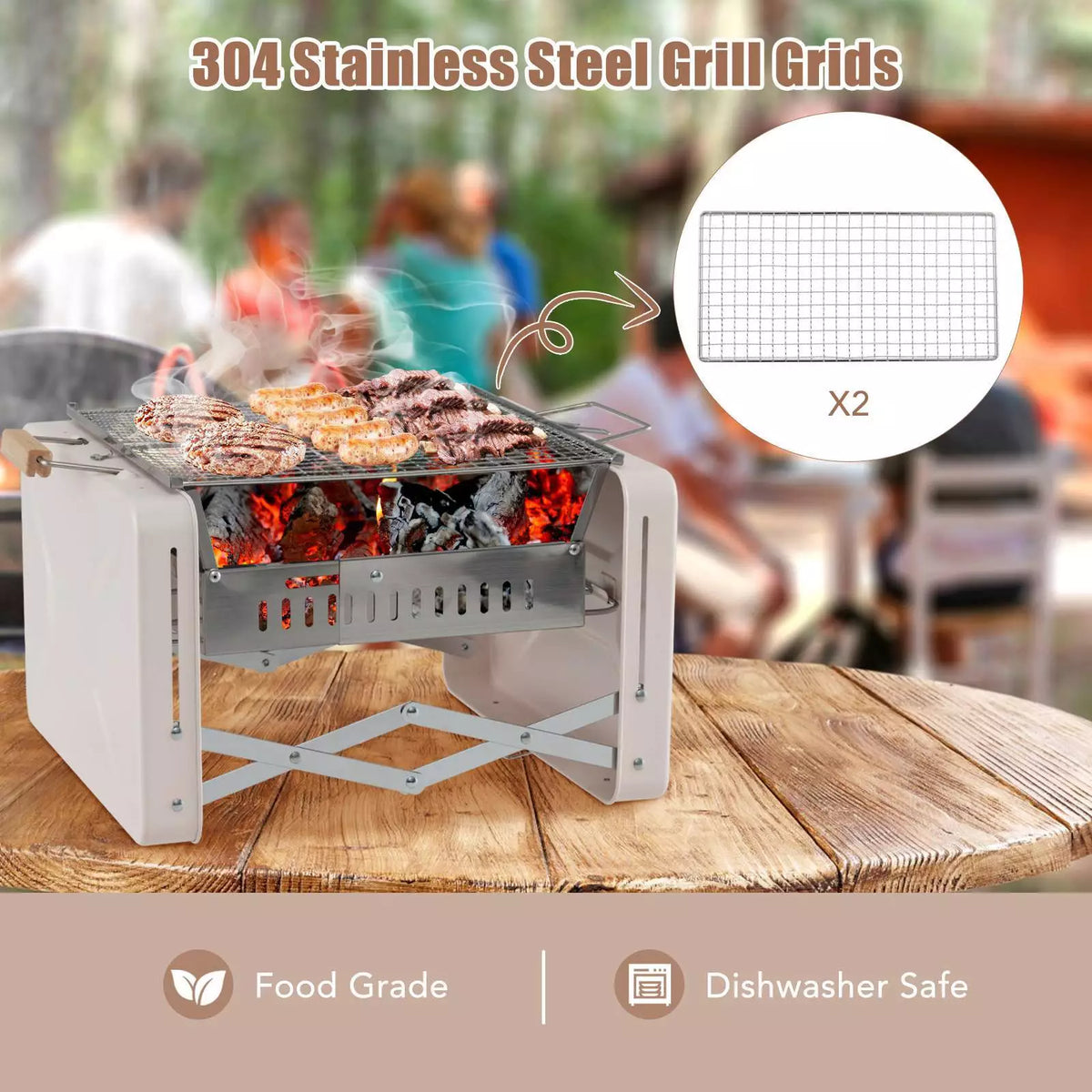 Portable Charcoal Grill with Foldable Body & Charcoal Box for Outdoor Cooking