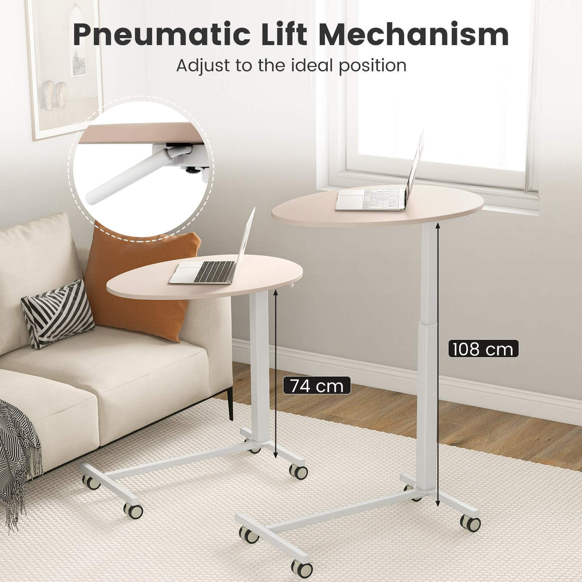 Mobile Standing Desk w/Pneumatic Lift Lockable Casters Oval Tabletop Home Office