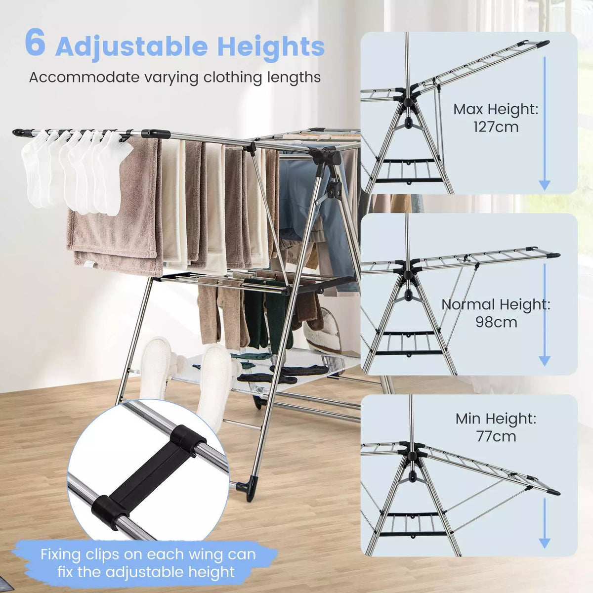 Clothes Drying Rack Stainless Steel Gullwing Style Rack w/ 6 Adjustable Height