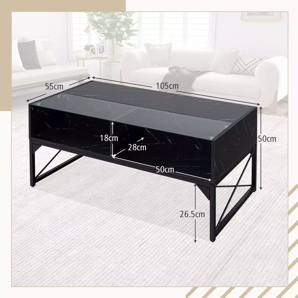 High-gloss LED Coffee Table Center Table w/ Faux Marble & Tempered Glass Top