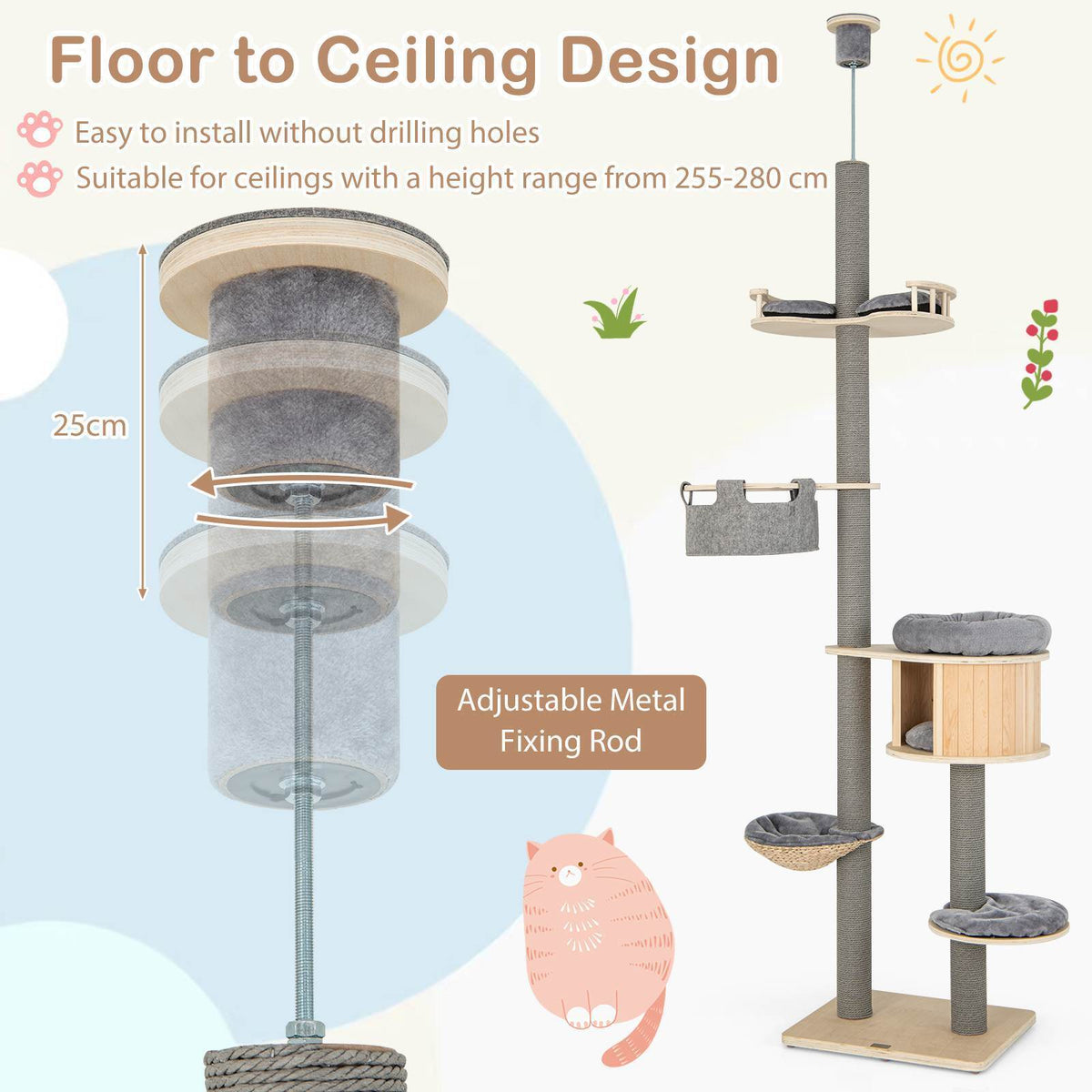 6-tier Floor-to-Ceiling Cat Tree, 255-280cm Adjustable Height w/Scratching Posts