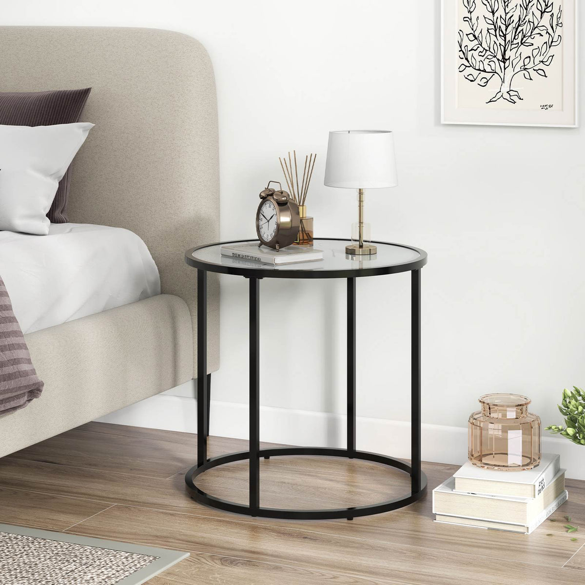 50cm Round Side Table End Table with Faux Marble Glass Top Coffee Accent Table