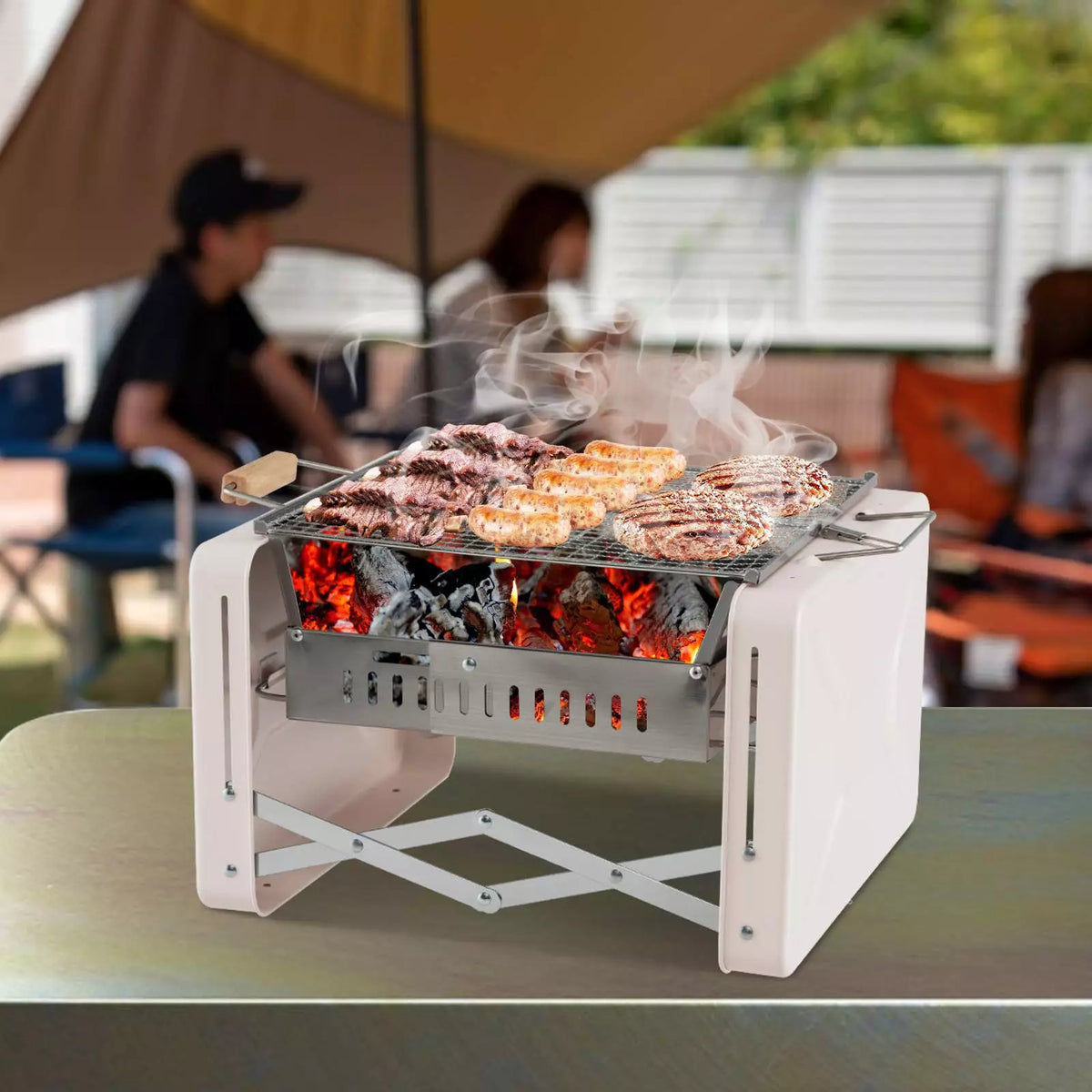 Portable Charcoal Grill with Foldable Body & Charcoal Box for Outdoor Cooking