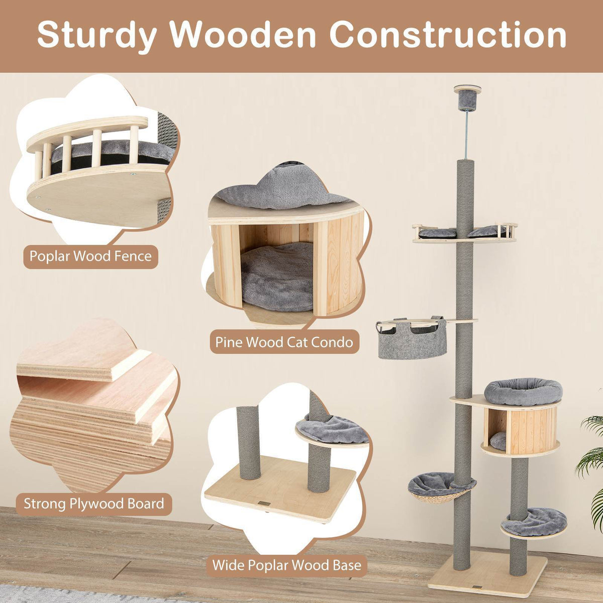 6-tier Floor-to-Ceiling Cat Tree, 255-280cm Adjustable Height w/Scratching Posts