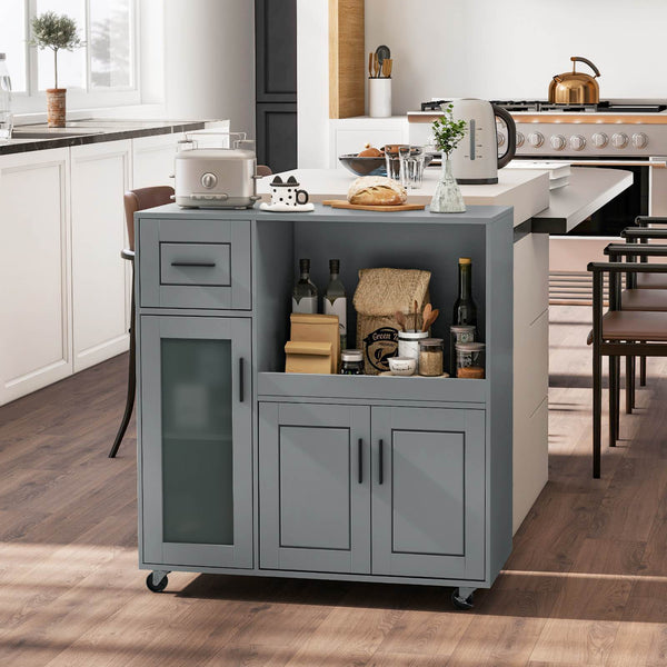 Rolling Kitchen Island w/Wheels Moible Cart Drawer & Glass Door Cabinet