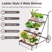 3-Tier Metal Plant Stand Ladder Shaped Flower Pot Holder Storage Rack w/Wheels