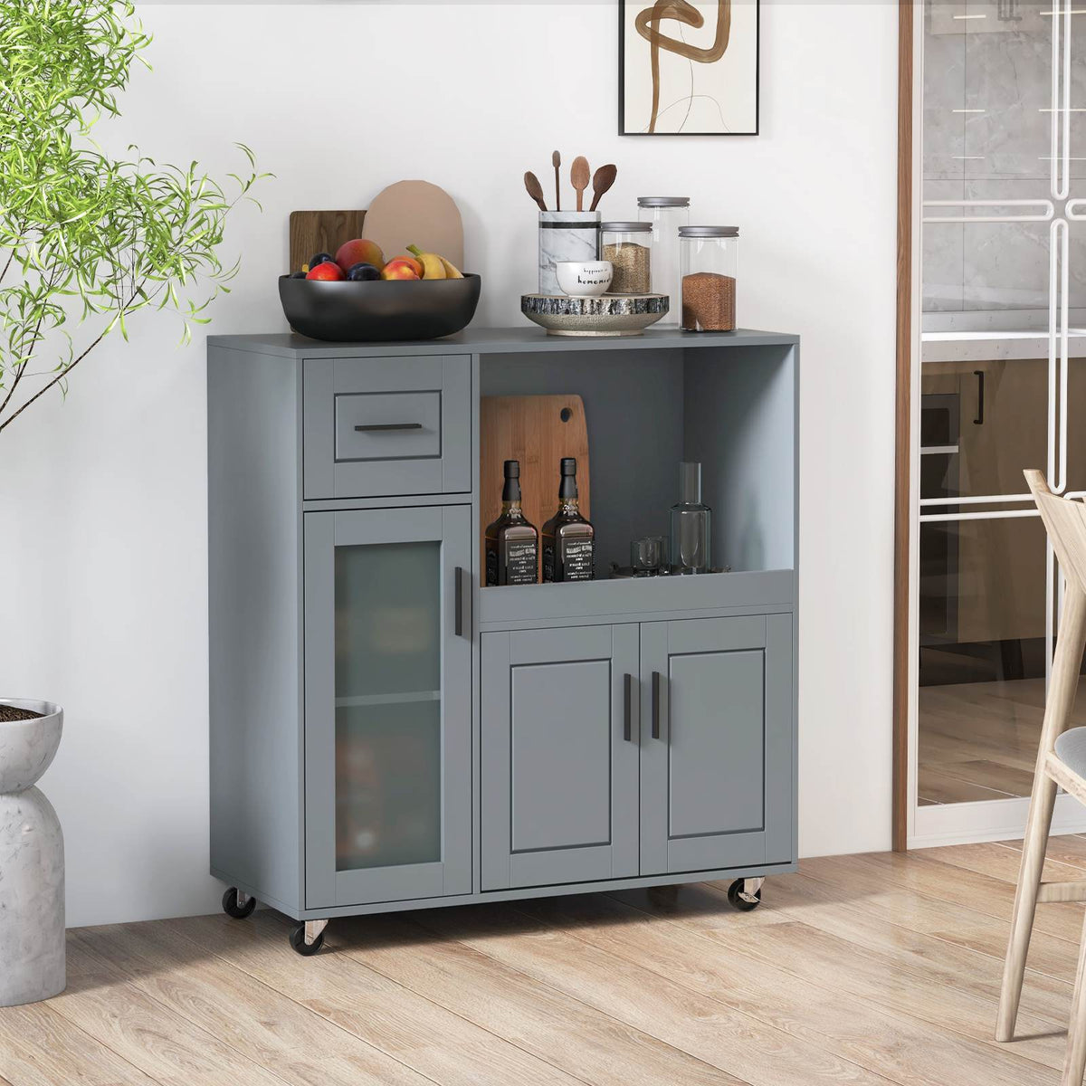 Rolling Kitchen Island w/Wheels Moible Cart Drawer & Glass Door Cabinet