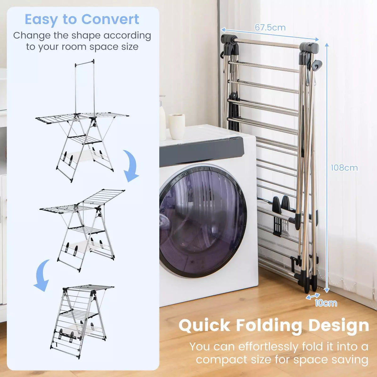 Clothes Drying Rack Stainless Steel Gullwing Style Rack w/ 6 Adjustable Height