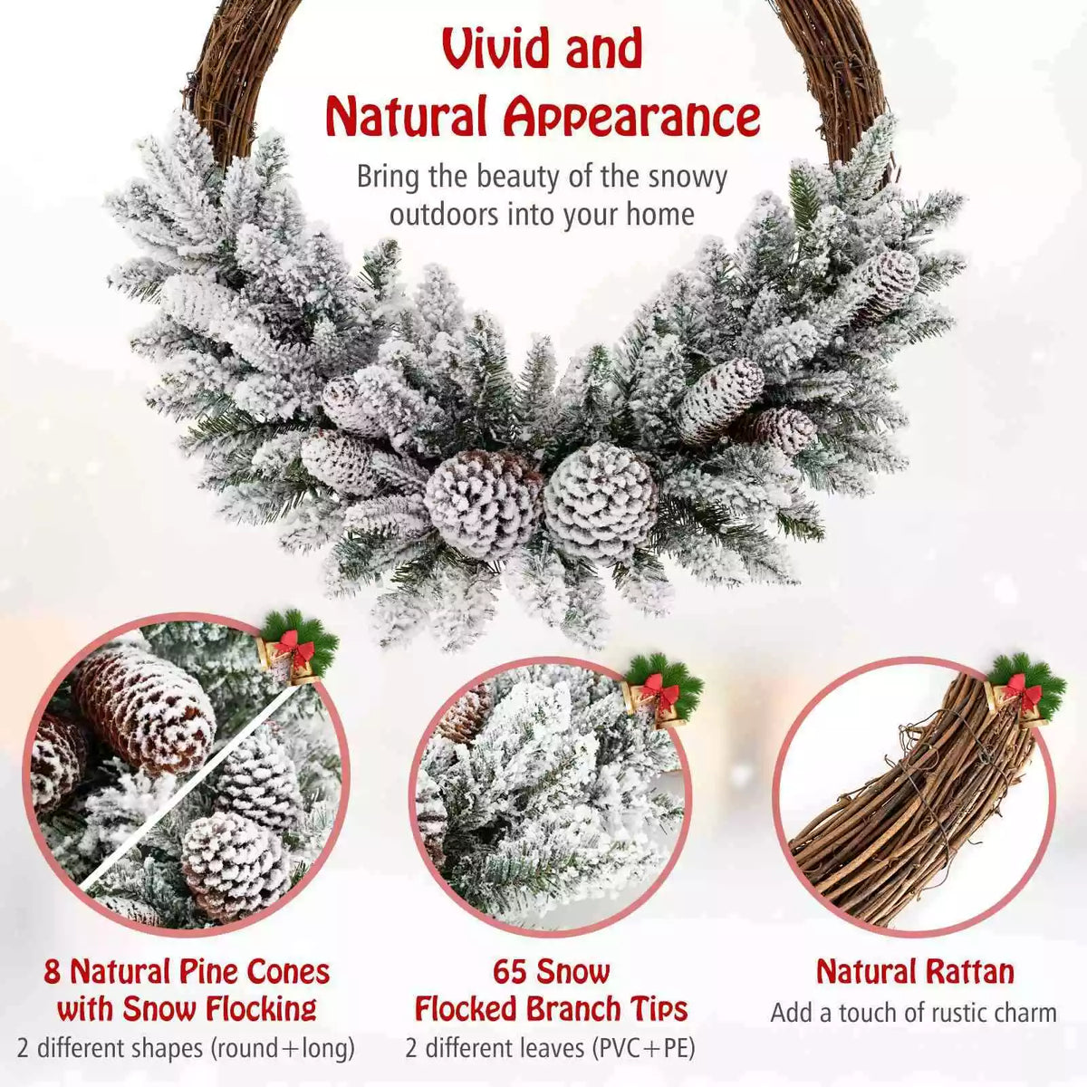 Pre-lit Snowy Christmas Wreath Natural Rattan with 35 LED Lights & 8 Pine Cones